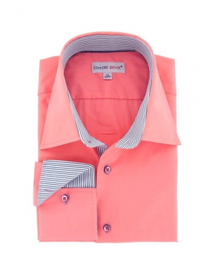 Men's pink fitted shirt, milan collar with blue striped