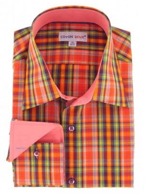 Men's orange checkered fitted shirt with a milan collar