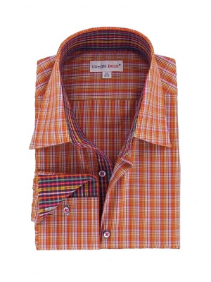 Men's orange checkered shirt with millan collar