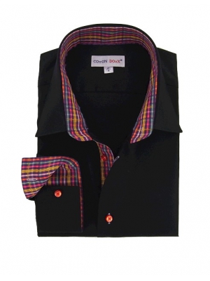 Men's black fitted shirt, small collar with checkered inner lining