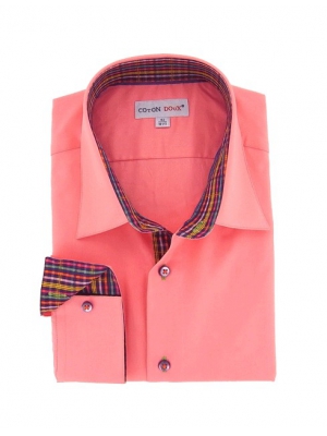 Men's pink fitted shirt, small collar with a printed inner lining