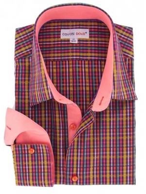 Men's checkered fitted shirt with a pink inner lining, small collar
