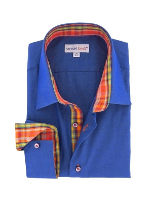 Men's blue fitted shirt with checkered inner lining, small collar