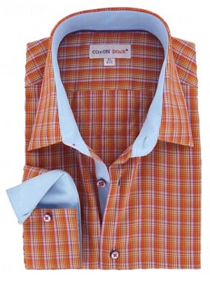 Men's orange checkered shirt with a small collar and blue inner lining