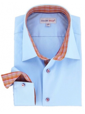 Men's blue shirt, small collar with a checkered inner lining