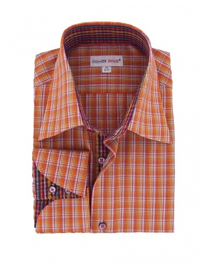 Men's orange checkered shirt with multicolor printed inner lining, napolitan cuffs