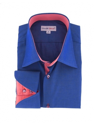 Men's denim blue shirt with Napolitain cuffs and coral inner lining