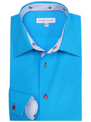 Men's blue fitted shirt, milan collar and a printed inner lining