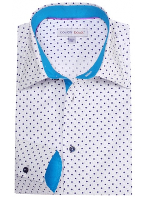 Men's white printed shirt with a milan collar, and a blue inner lining