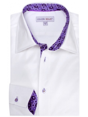 Men's white shirt, with a violet inner lining, milan collar