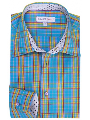Men's blue checkered shirt, milan collar and a printed inner lining