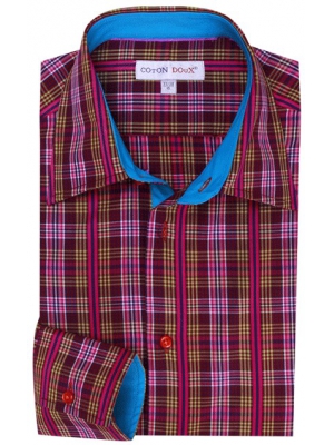 Men's red checkered fitted shirt, with blue inner lining, milan collar