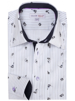 Men's white printed shirt on a musical theme, milan collar