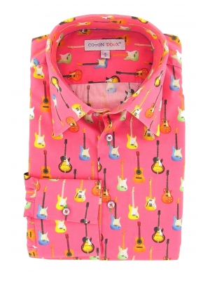 Men's pink printed with guitar shirt, milan collar