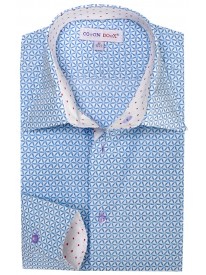 Men's blue and white triangular patterned shirt with a white inner lining, simple cuffs