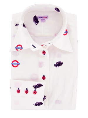 Women's white shirt with british taxi prints and underground prints
