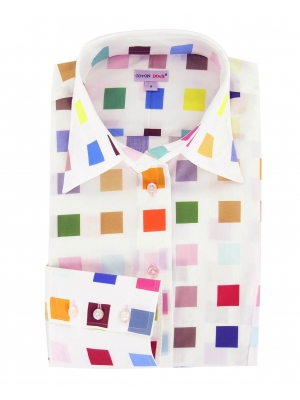 Women's white shirt with multicolored square prints
