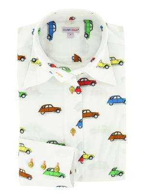 Women's white shirt with multicolored cars