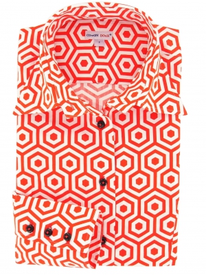 Women's red and white geometrcially patterned shirt