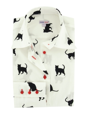 Women's white shirt with black cats printed on it