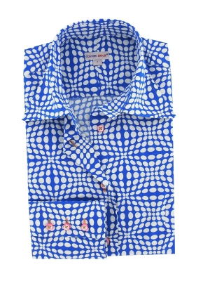 Women's blue and white printed shirt with oval patterns