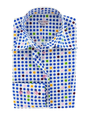 Women's white printed shirt with multicolored dots