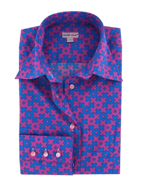 Women's blue and purple printed shirt with cross-like patterns