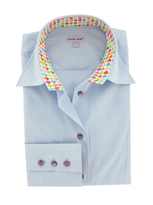Women's blue and white printed shirt little multicolored hearts in the collar