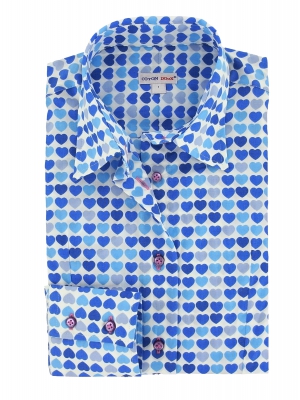 Women's fitted shirt with multicolor blue hearts patterns