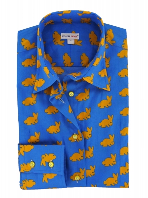 Women's Fitted shirt  with rabbit patterns on a blue ground