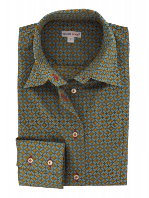 Women's Fitted shirt with geometrical forms blue and yellow patterns