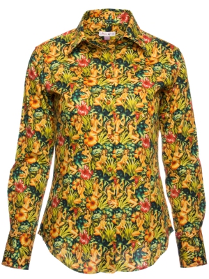 Women's fitted cut shirt with vintage pin-up tropical prints