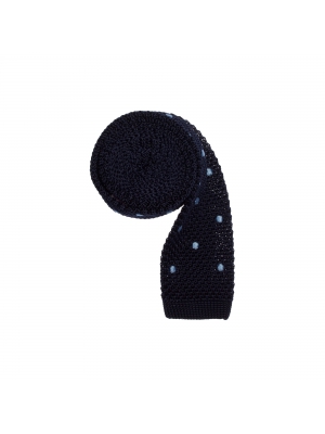 Navy blue knitted silk tie with blue dots