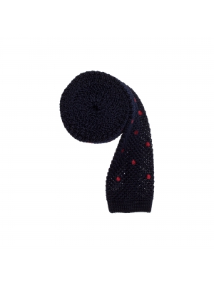 Navy blue knitted silk tie with red dots