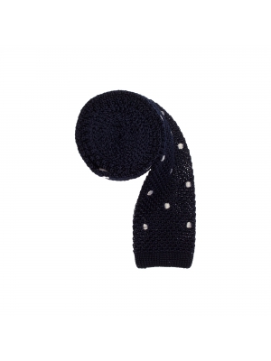 Navy blue knitted silk tie with white dots