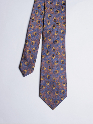 Cravate bleue avec motifs plumes de paon
