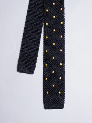 Cravate bleu marine en tricot de soie à pois jaunes