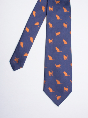 Blue tie with orange cats patterns