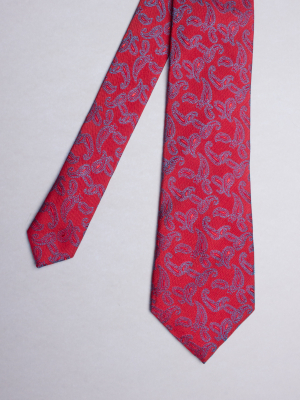 Cravate rouge à motifs cachemire bleus