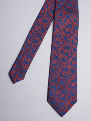 Blue tie with red cashmere patterns