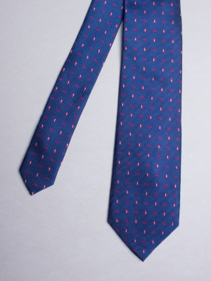 Cravate bleu marine à micro motifs cachemire fuchsia
