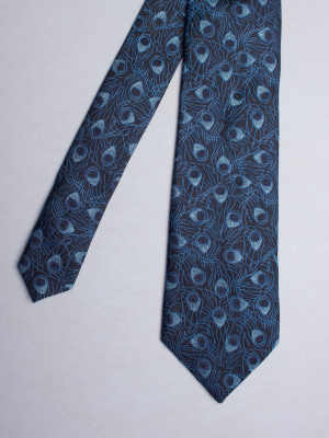 Cravate bleue à motifs plumes de paon