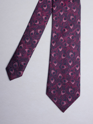 Blue tie with fuchsia peacock feathers patterns