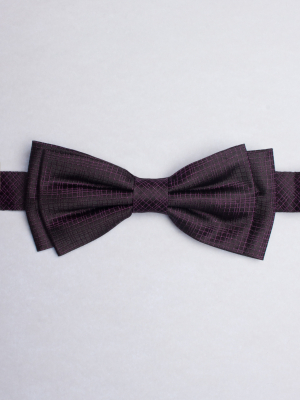 Black bow tie with plum checkered pattern