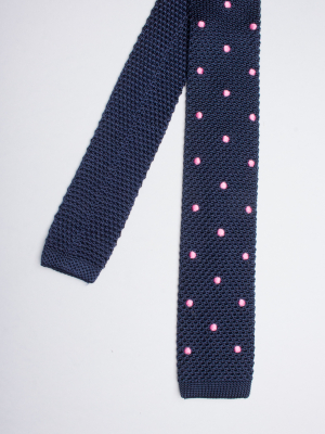 Navy blue knitted silk tie with pink dots