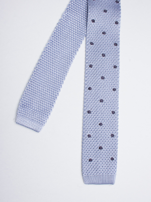 Light blue knitted silk tie with black dots