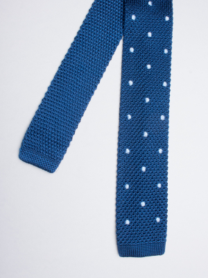 Navy blue knitted silk tie with light blue dots