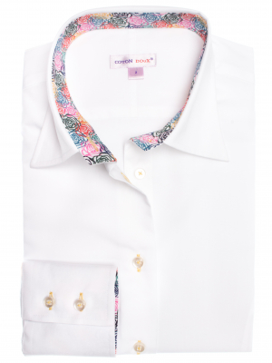 Women's fitted plain white poplin shirt with roses print inner lining