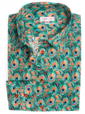 Women's fitted shirt with peacock feather print