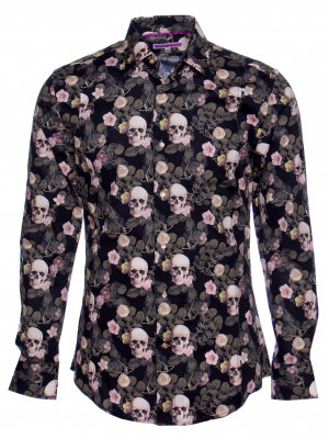 Men's slim fit shirt with skull and flower print